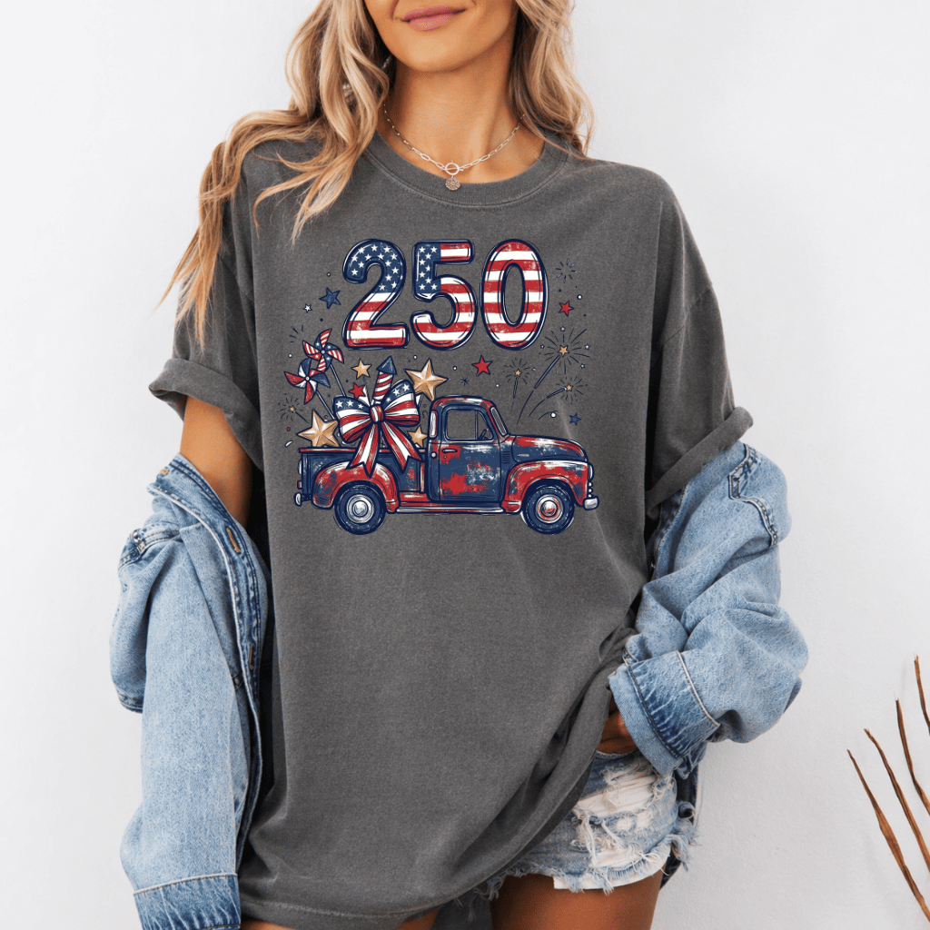 USA 250th Anniversary Fireworks Truck Comfort Colors T-Shirt 4th of July Independence Day Gift, Patriotic Tee - lifestyle view